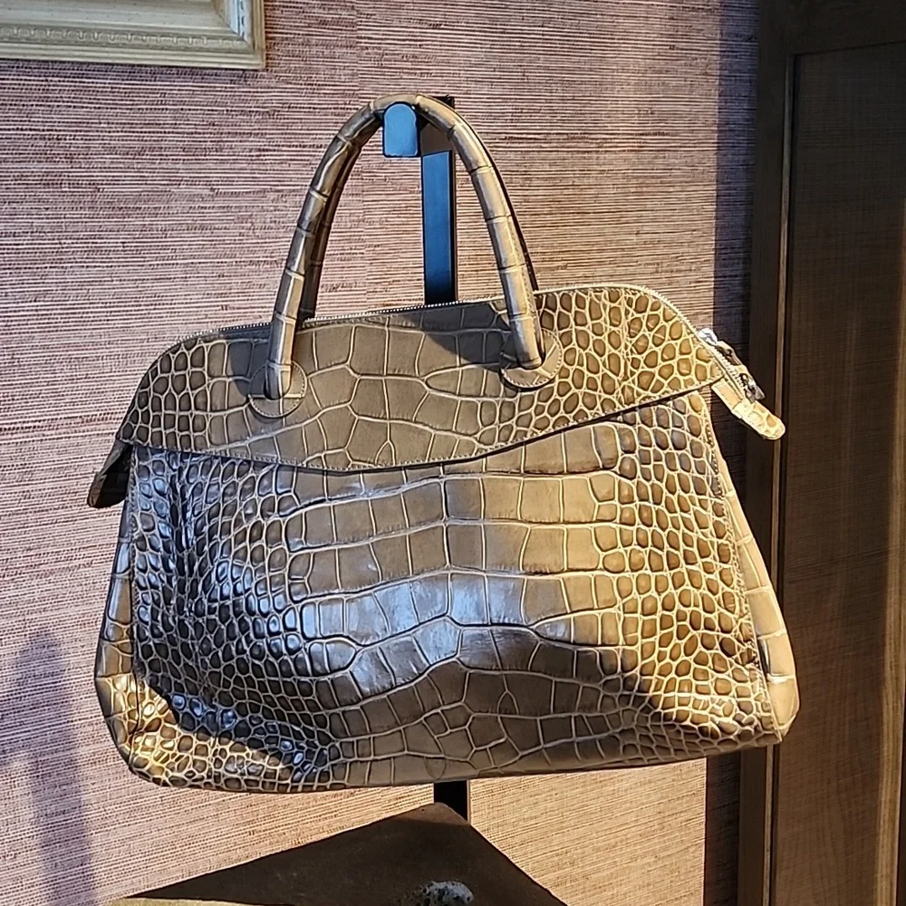 Furla Taupe Croc Embossed Leather Satchel